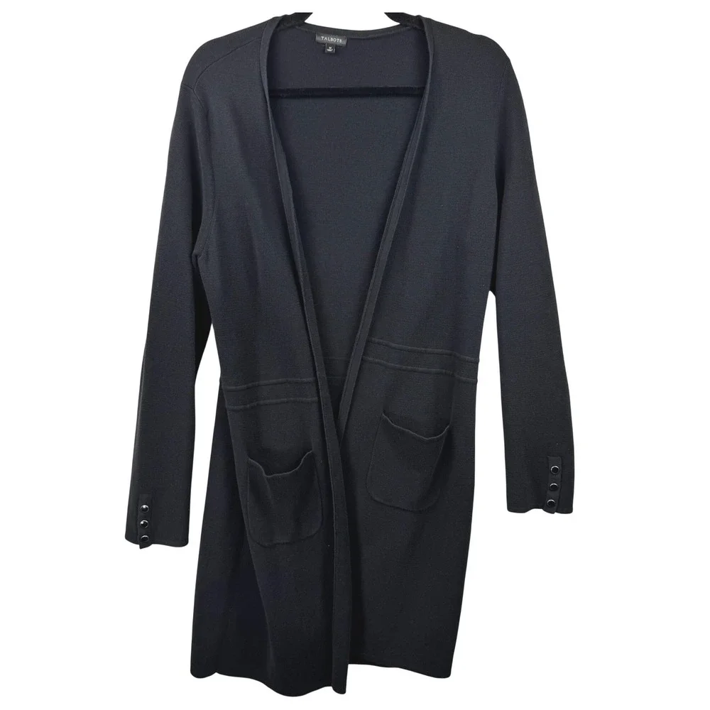 Talbots Cardigan Women Medium Black Open Front Longline Button Cuff Pockets